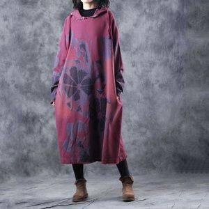 Big Flowers Printed Hoodie Dress Plus Size